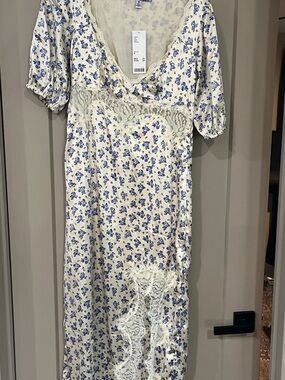 Urban Outfitters Flora Lace-Trim Midi Dress in Cream and Blue